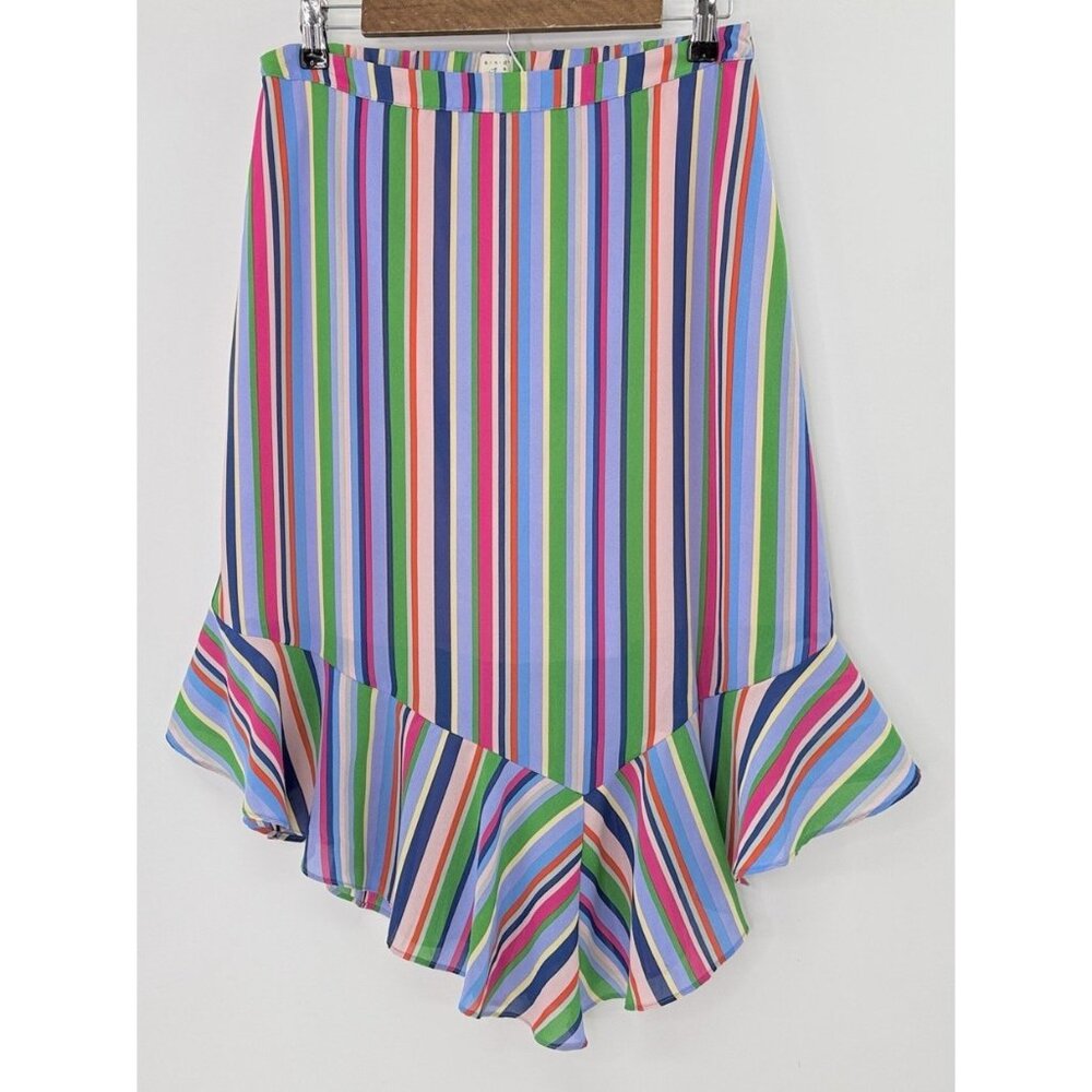 A New Day Rainbow Stripe Pull On Skirt Sz M Ruffle Asymmetric Boho Office Preppy